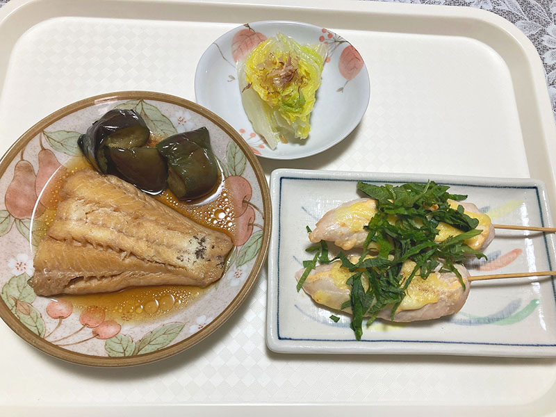 煮魚＆ナス、ささみのチーズ焼き、白菜のおひたし
